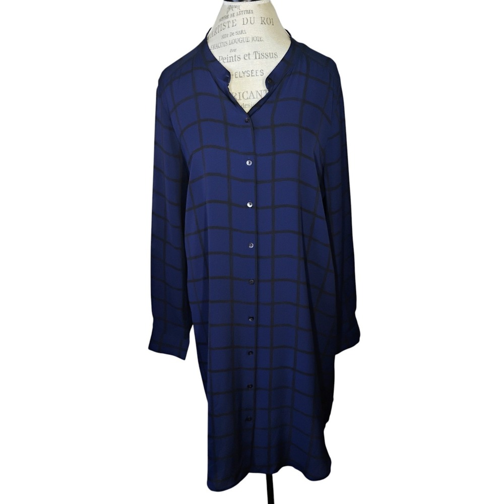 Eileen Fisher 100% Silk Shirt Dress Womens Large Blue‎ Black Windowpane Classic